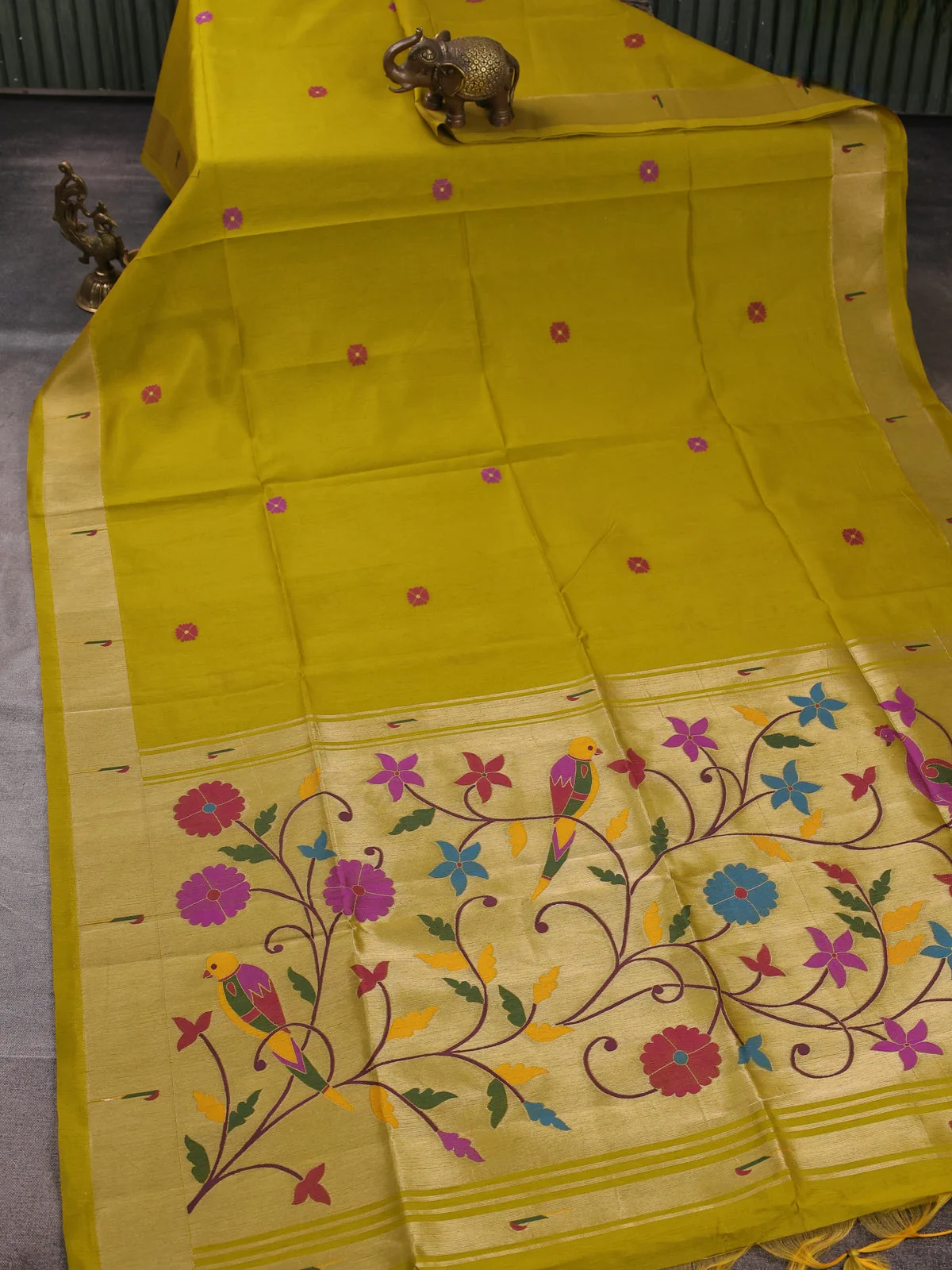Semi Paithani Floral Thread Woven Saree - Mustard Green